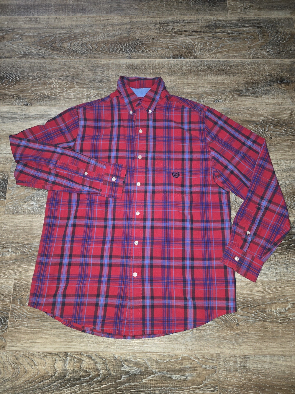 Chaps Plaid Button Down Shirt Mens Medium Red Blue Easy Care
